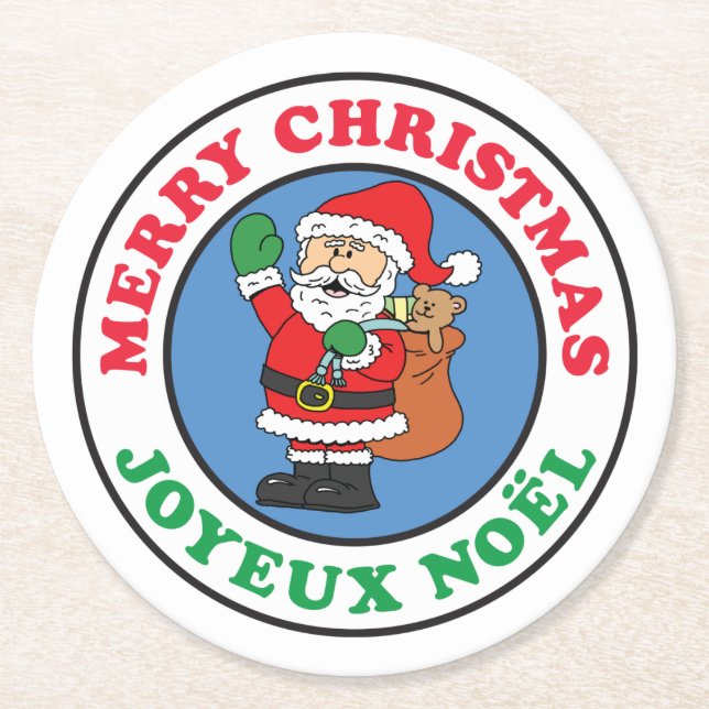 Joyeux Noel French Christmas Santa Round Paper Coaster (Front)