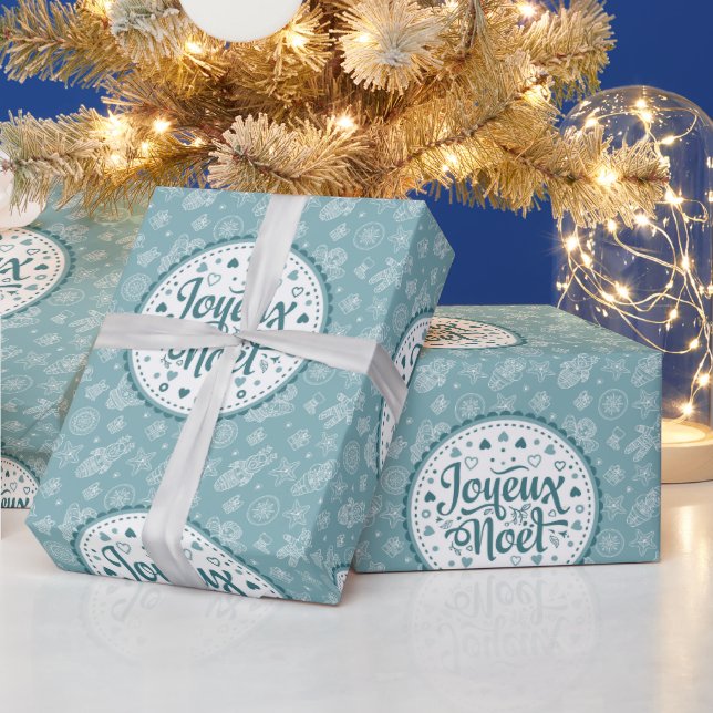 Joyeux Noel french Merry Christmas blue white chic Wrapping Paper (Holidays)