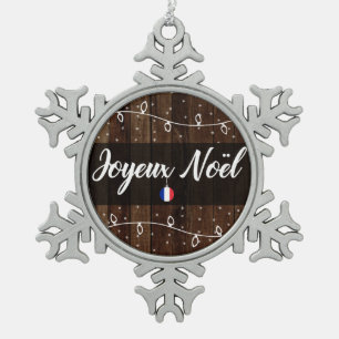 Joyeux Noël French Merry Christmas, Rustic Style Snowflake Pewter Christmas Ornament