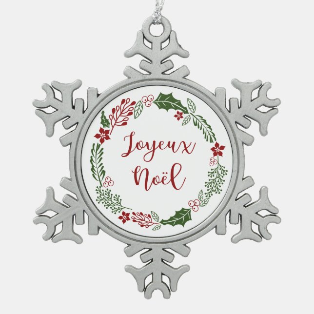 Joyeux Noël, French Merry Christmas Wreath Snowflake Pewter Christmas Ornament (Front)