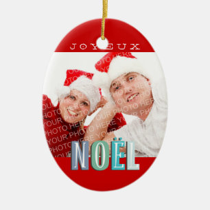 Joyeux Noel funky blue red chic christmas holiday Ceramic Tree Decoration