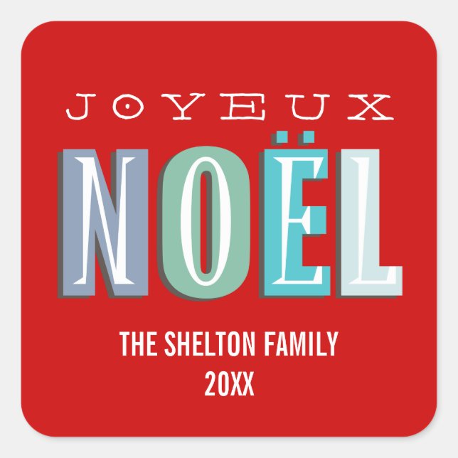 Joyeux Noel funky blue red chic christmas holiday Square Sticker (Front)