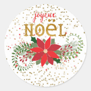 Joyeux Noel Gold Glitter Poinsettia Classic Round Sticker