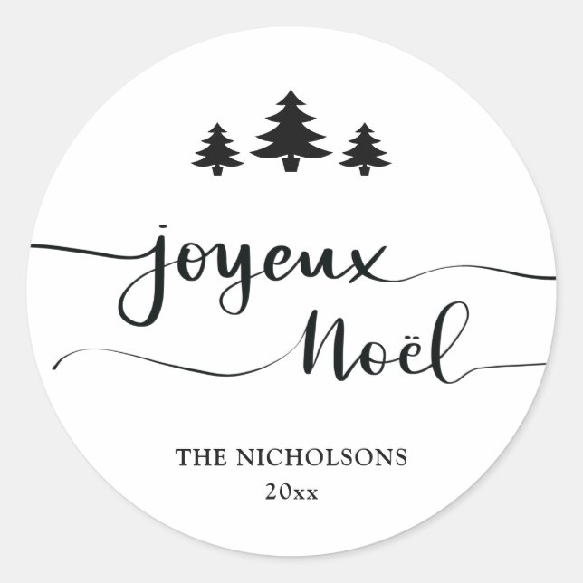 Joyeux Noel | Handwritten Modern Holiday Classic R Round Sticker (Front)