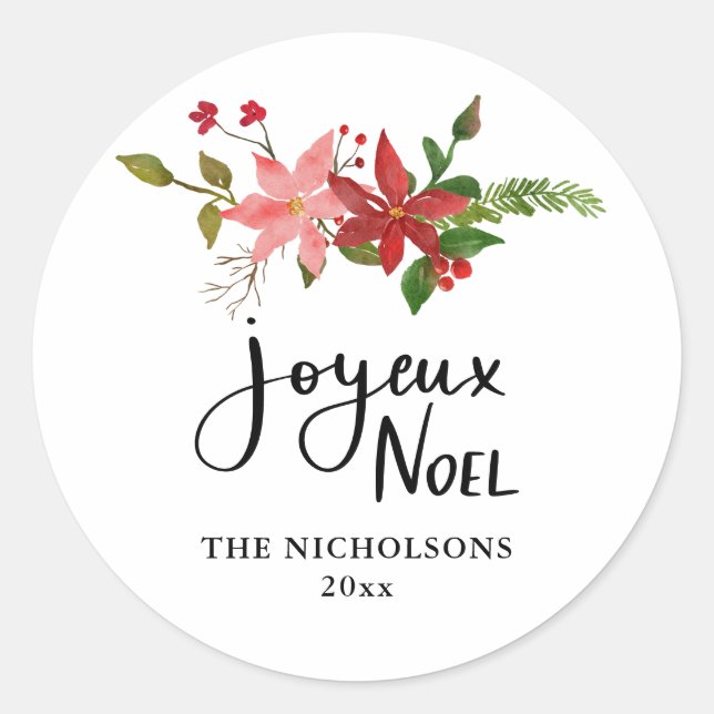 Joyeux Noel Handwritten Script Poinsettia  Classic Round Sticker (Front)