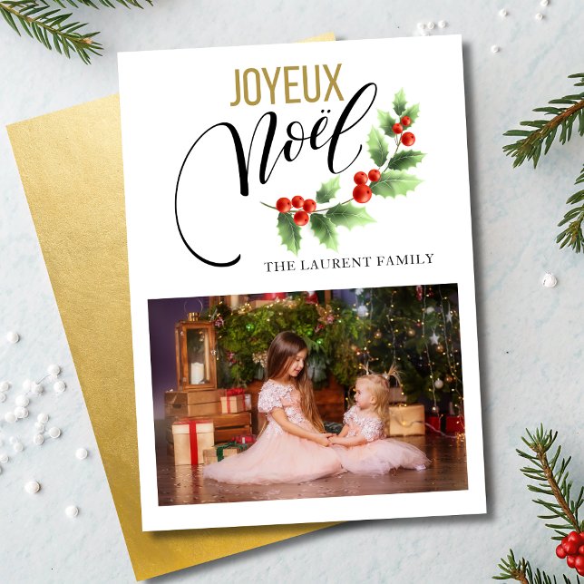 Joyeux Noël Holly Photo French Christmas Cards (Creator Uploaded)