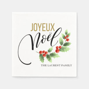 Joyeux Noël Holly Photo Personalised   Christmas Napkin
