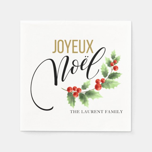 Joyeux Noël Holly Photo Personalised | Christmas Napkin (Front)