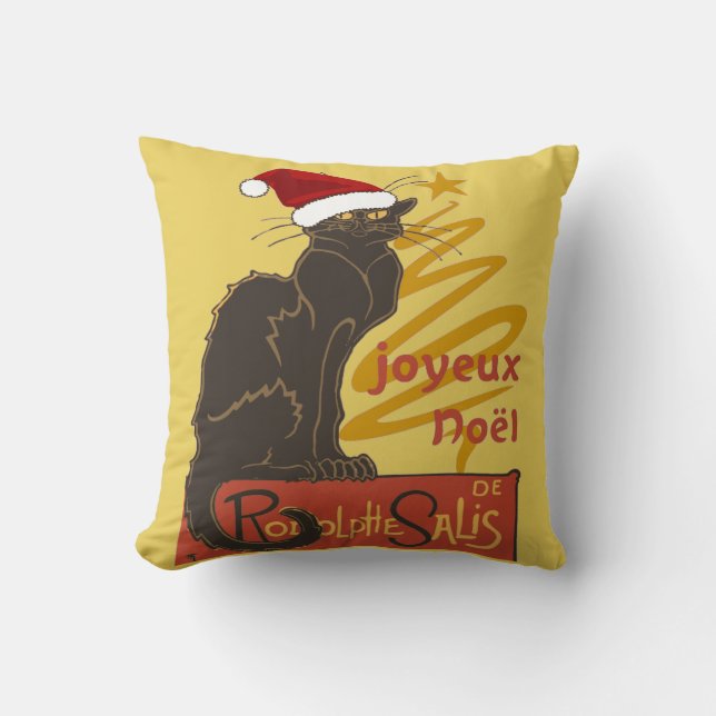 Joyeux Noel Le Chat Noir With Stylized Golden Tree Cushion (Front)