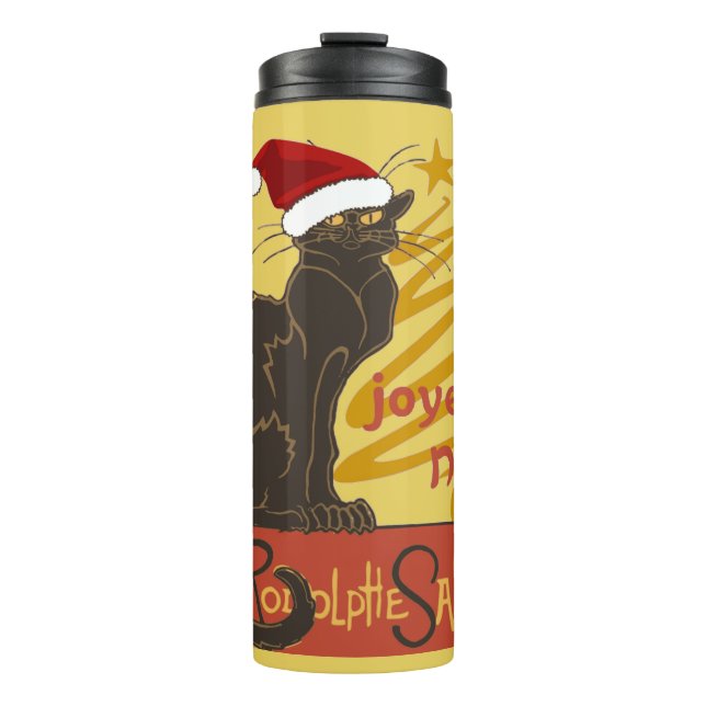 Joyeux Noel Le Chat Noir With Stylized Golden Tree Thermal Tumbler (Front)