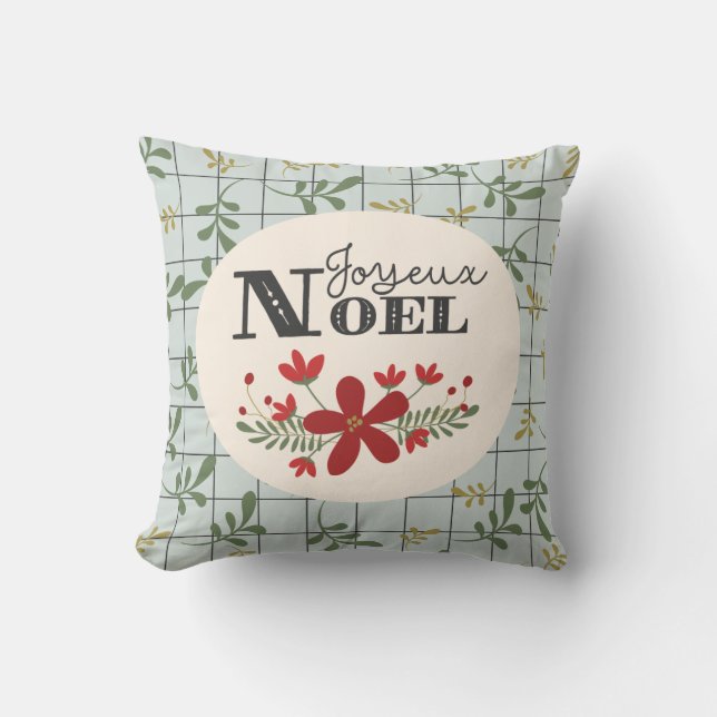 Joyeux Noel Leafy Pattern and Floral Christmas Cushion (Front)