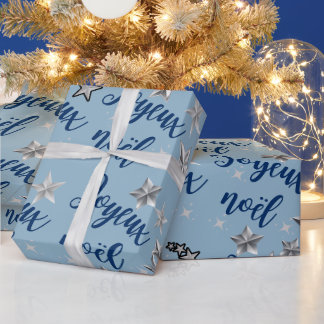 Joyeux Noël - Merry Christmas - Blue & Silver Wrapping Paper