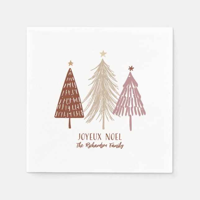 Joyeux Noel Merry Christmas Festive Trees Holiday Napkin (Front)