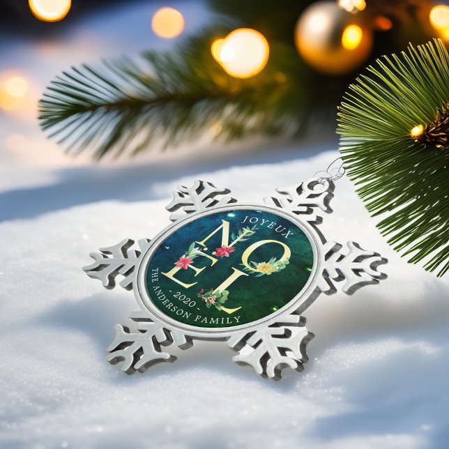 Joyeux Noel Merry Christmas Happy New Year Wishes Snowflake Pewter Christmas Ornament (Creator Uploaded)