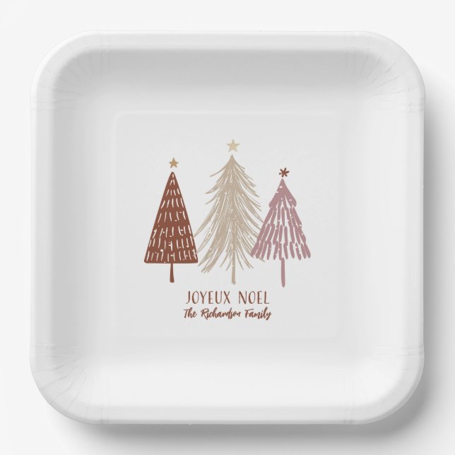 Joyeux Noel Merry Christmas Trees Holiday Elegant  Paper Plate (Front)
