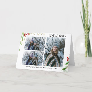 Joyeux Noel Modern Red Gold Berry | Multi Photo Holiday Card