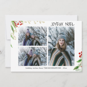Joyeux Noel Modern Red Gold Berry Multi Photo Holiday Card