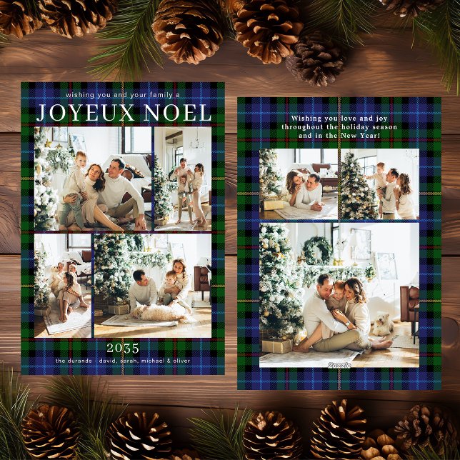 Joyeux Noel Multi Photo Green Plaid Holiday Card (Creator Uploaded)