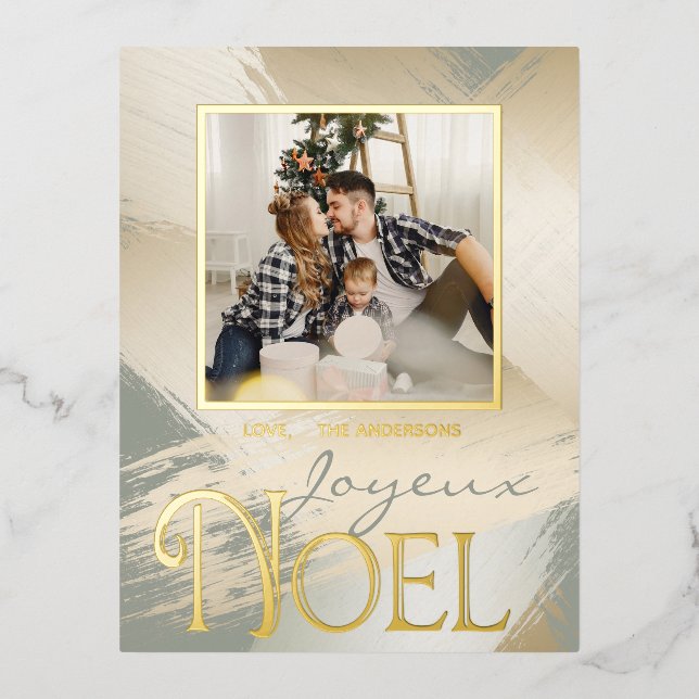 Joyeux Noel Photo Card Modern Gold Paint Strokes (Front)