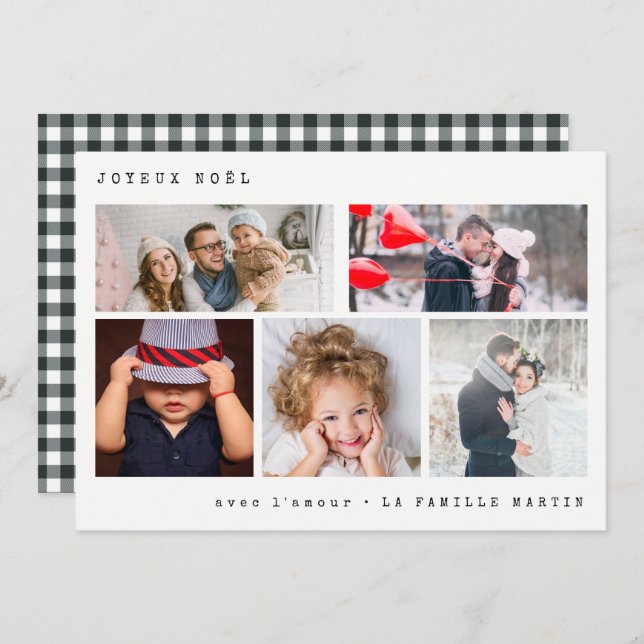 Joyeux Noel Photo Collage | Black Gingham Holiday Card (Front/Back)