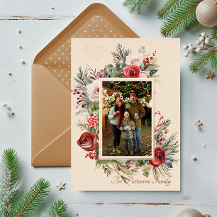 Joyeux Noël Photo Floral Foil French Holiday Card