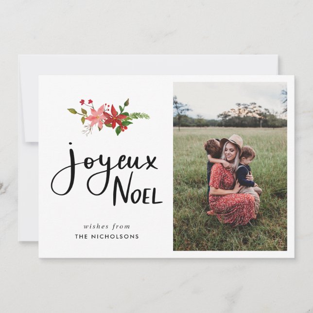 Joyeux Noel | Poinsettia Script Photo Holiday Card (Front)