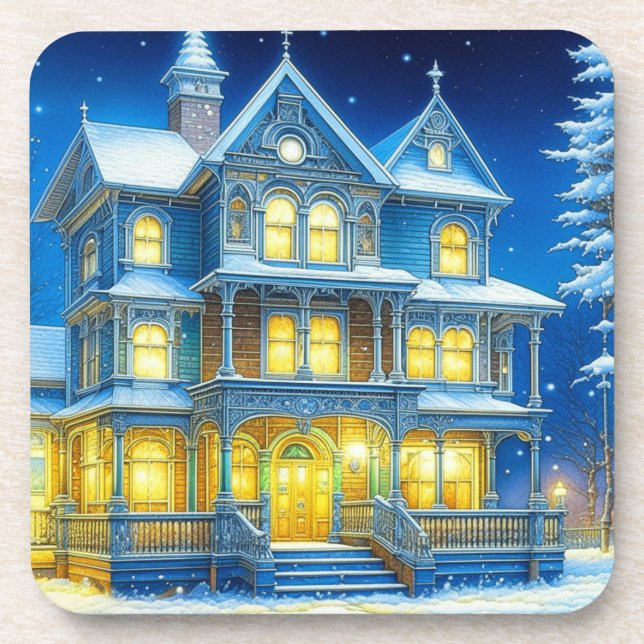 Joyeux Noël Pretty Blue Christmas House Coaster (Front)