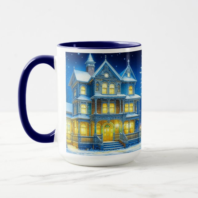 Joyeux Noël Pretty Blue Christmas House Mug (Left)