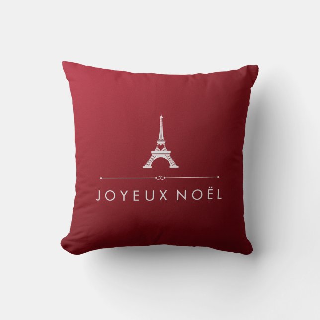 Joyeux Noel Red and Silver Christmas Eiffel Tower Cushion (Front)