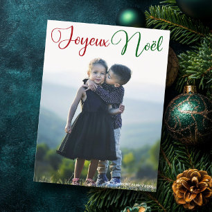 Joyeux Noël Red Green Script Folded Family Photo Holiday Postcard