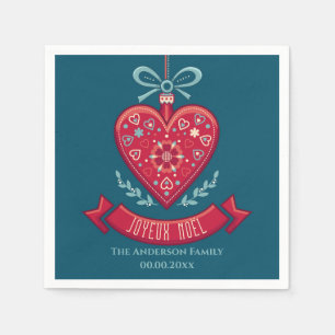 Joyeux Noel red heart tree decoration family name Napkin