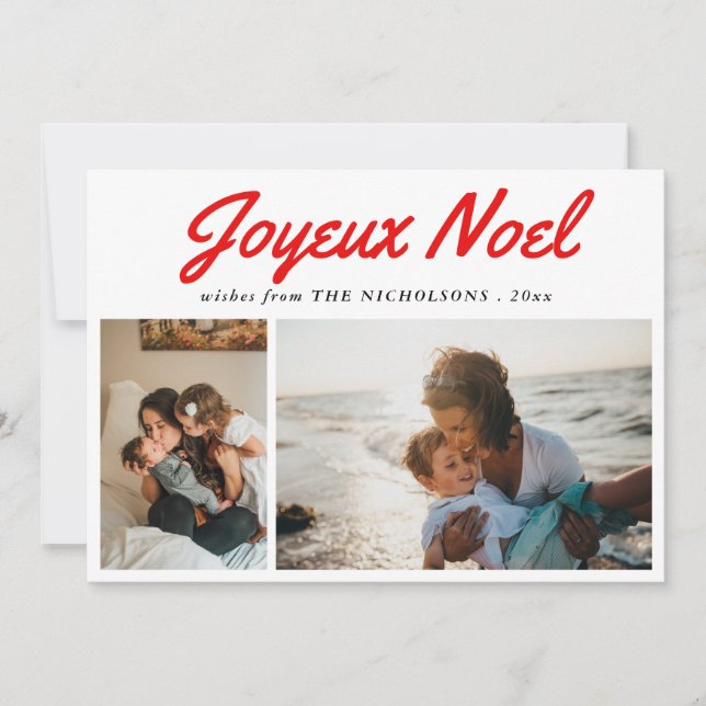Joyeux Noel | Red Script Modern Photo Holiday Card (Front)