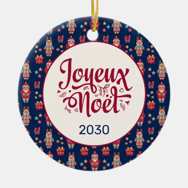 Joyeux Noel Retro Santa Blue Ceramic Tree Decoration (Front)