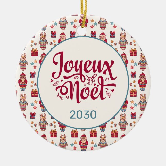 Joyeux Noel Retro Santa Cream Ceramic Tree Decoration (Front)