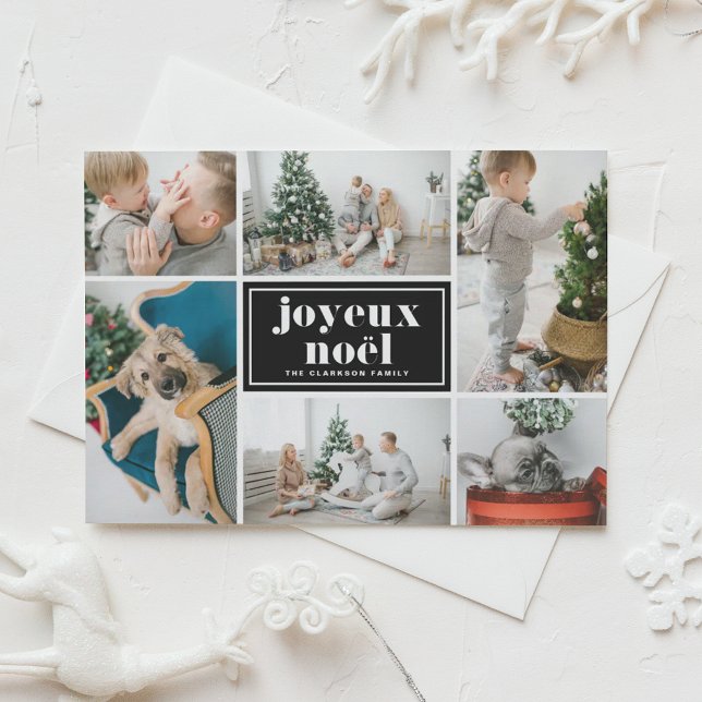 Joyeux Noël Retro Typography Black Photo Collage Holiday Card (Customizable photo collage holiday card featuring joyeux noël in retro bold typography.)