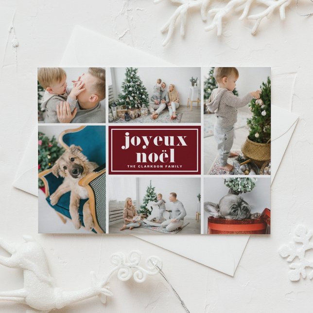 Joyeux Noël Retro Typography Red Photo Collage Holiday Postcard (Customizable photo collage holiday postcard featuring joyeux noël in retro bold typography.)