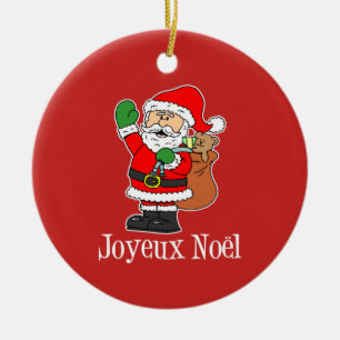 Joyeux Noel Santa On Red Ornament