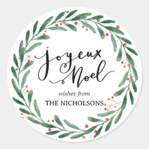 Joyeux Noel Simple Casual Script   Wreath Classic Round Sticker