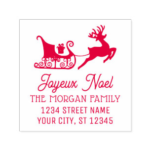 Joyeux Noel Sleigh with Reindeer Name Return Addre Self-inking Stamp