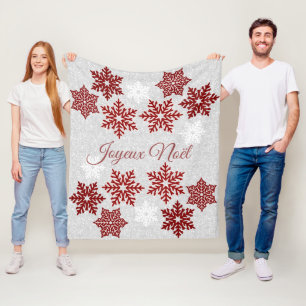 Joyeux Noël Sparkling Red Snowflakes  Fleece Blanket