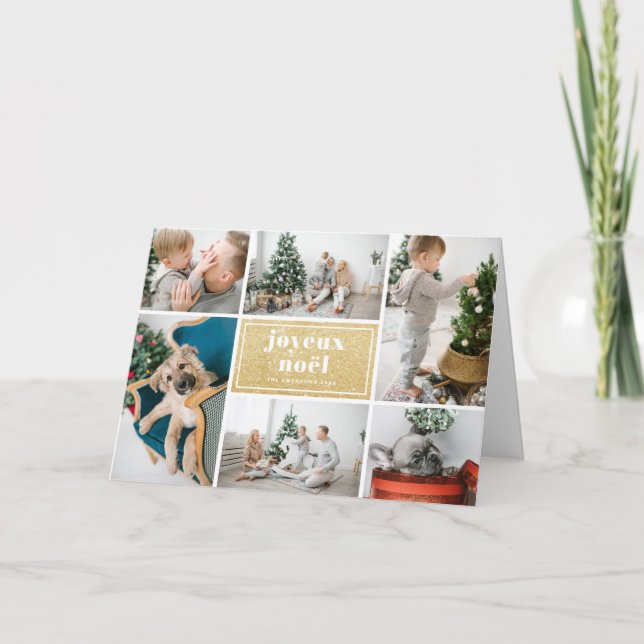 Joyeux Noël Typography Glitter Photo Collage Holiday Card (Front)