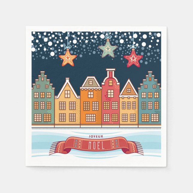 Joyeux Noel urban houses snow village illustration Napkin (Front)