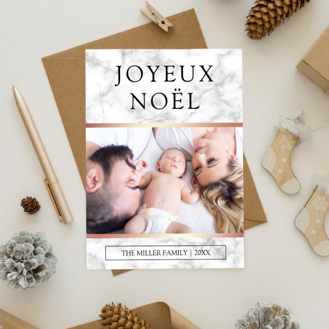 Joyeux Noël | White Marble Rose Gold Foil Photo Holiday Card (Creator Uploaded)