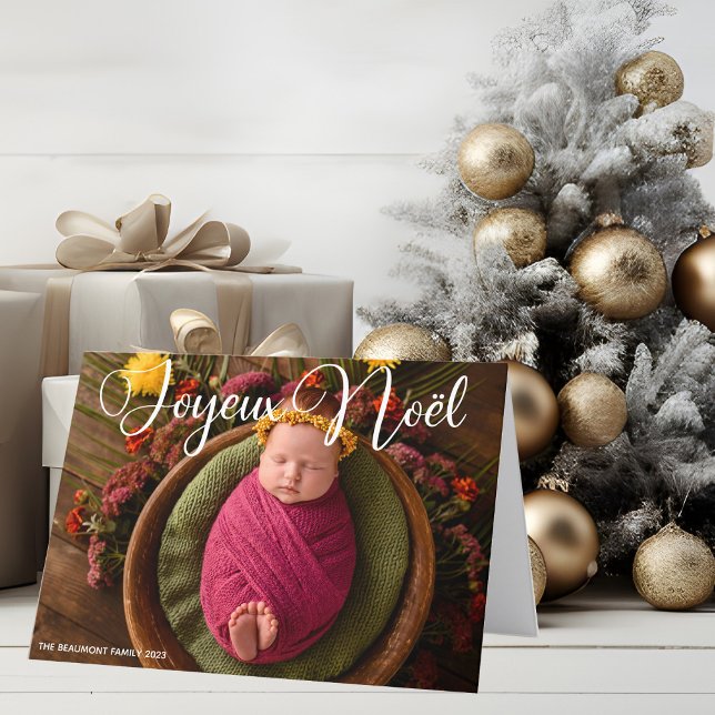 Joyeux Noël White Script Chic Photo Christmas Holiday Card (Creator Uploaded)