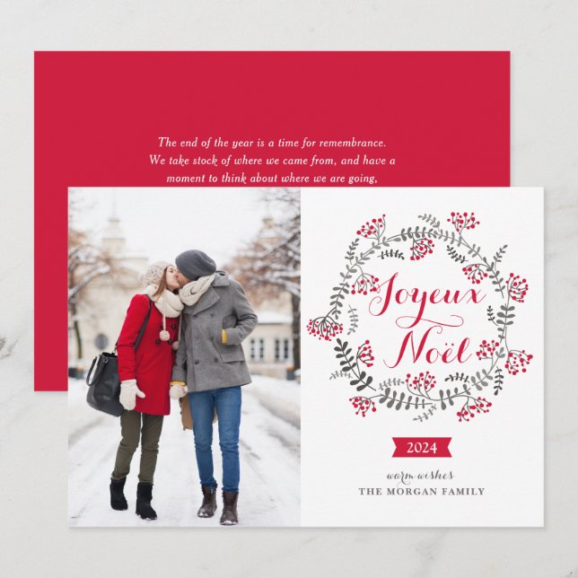 Joyeux Noël Winterberries Wreath Christmas Photo Holiday Card (Front/Back)