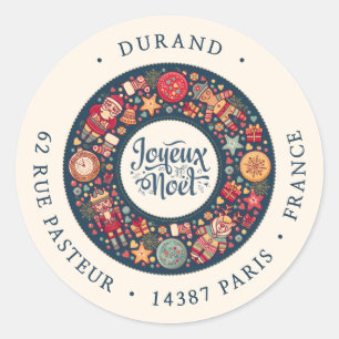 Joyeux Noel Wreath French Blue Return Address Classic Round Sticker