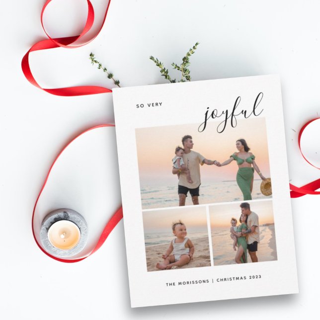 Joyful 3 photo modern merry Christmas happy Holiday Card (Creator Uploaded)