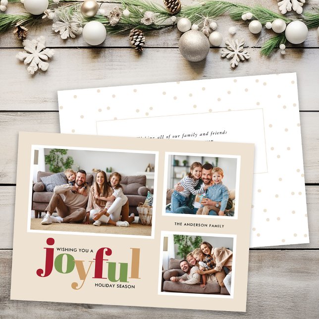 Joyful 3 Photos Personal Message Christmas Holiday Card (Creator Uploaded)