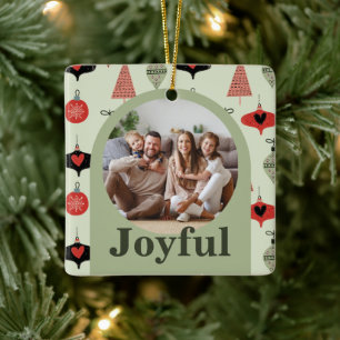 Joyful 4 Family Photo Collage Christmas Green Arch Ceramic Ornament