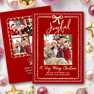 Joyful 5 Photo Christmas Fun Doodles Bow Real Gold Foil Holiday Card